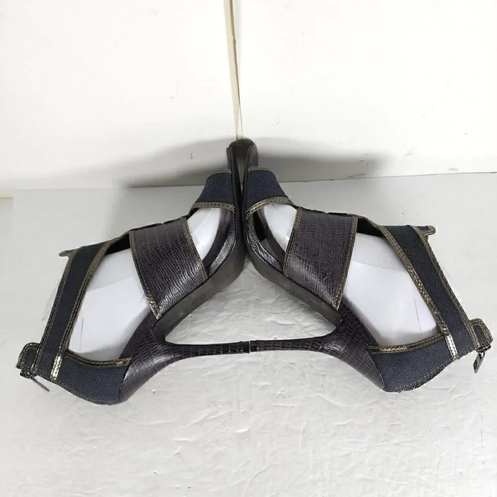 Tory Burch Women's US 10M Blue Canvas Leather Animal Print Cut-Out Heeled Sandal